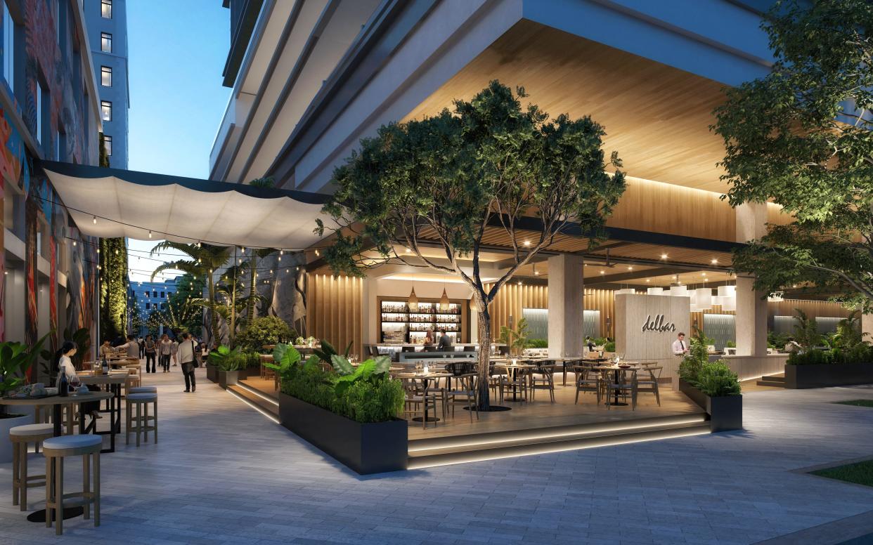 Rendering of ground floor and terrace space of Kyma, a New York-based Greek restaurant that is opening a West Palm Beach location at the Banyan & Olive office development in 2025.