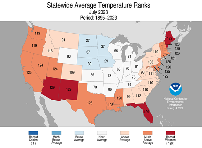 Average temperature rankings by state in July 2023. The number 129 signifies the warmest on record.