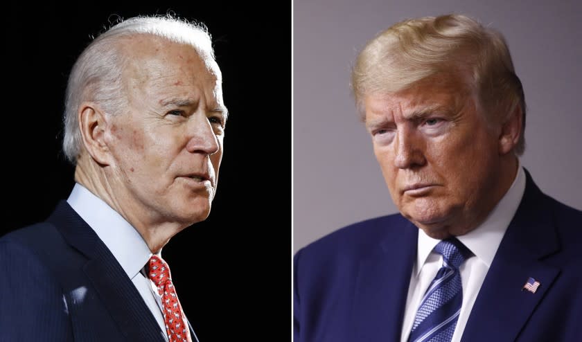 FILE - In this combination of file photos, former Vice President Joe Biden, left, speaks in Wilmington, Del., on March 12, 2020, and President Donald Trump speaks at the White House in Washington on April 5, 2020. Some of the country's major sports betting companies are running contests in which participants predict things that will happen or be said during the presidential debate, Tuesday, Sept. 29, 2020, for the chance to win money. (AP Photo/File)