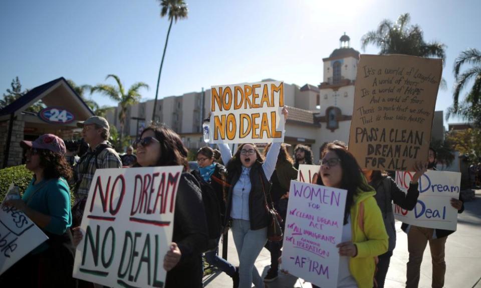 Daca recipients and supporters protest outside Disneyland in Anaheim, California on 22 January 2018.