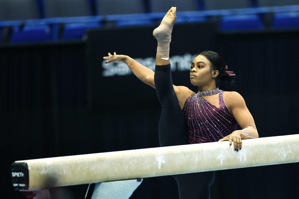 US gymnast Gabby Douglas warms up ahead of the Core Hydration Classic at XL Center in Hartford, Connecticut, on May 18, 2024.