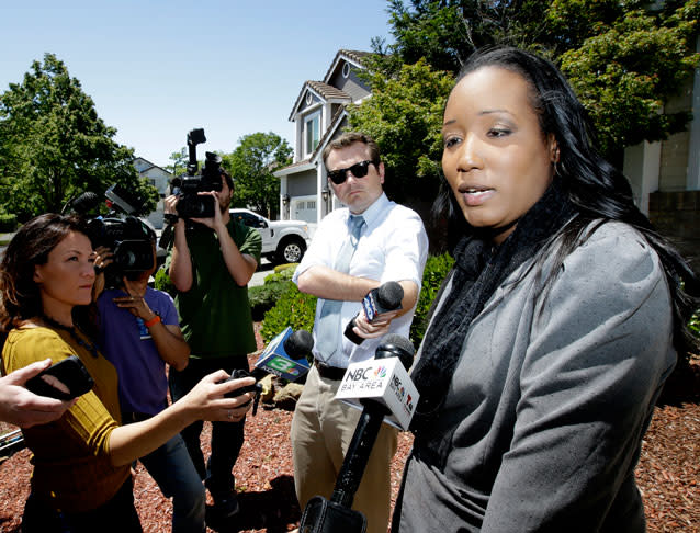 Rogers speaks to reporters outside the home following her arrest. Source: AAP