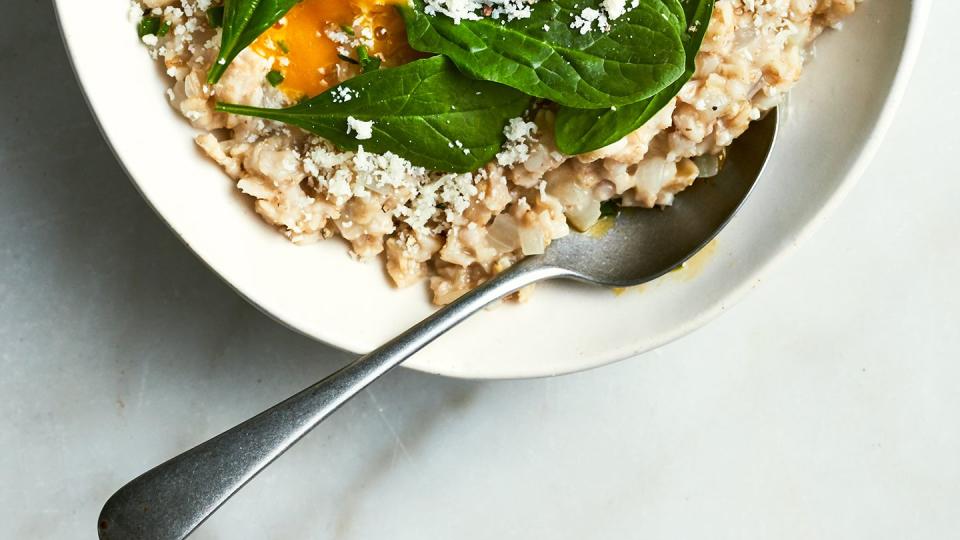A savory oatmeal with egg and spinach is the breakfast you didn’t know you needed in your life. Get the recipe for Savory Oatmeal With Spinach and Poached Eggs.