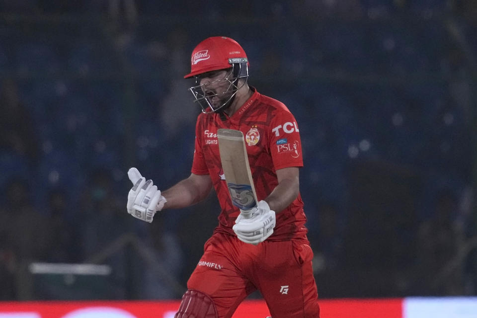 Islamabad United' Haider Ali reacts during the Pakistan Super League T20 cricket eliminator match between Islamabad United and Peshawar Zalmi, in Karachi, Pakistan, Saturday, March 16, 2024. (AP Photo/Fareed Khan)