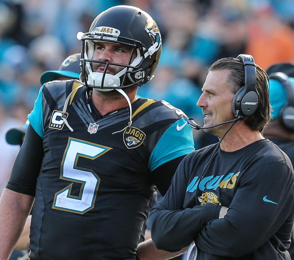 Jaguars quarterback Blake Bortles (5) and offensive coordinator Greg Olson were all smiles in a 2015 home game against the Colts, a 51-16 victory.