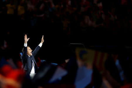 Emmanuel Macron, head of the political movement En Marche !, or Onwards !, and candidate for the 2017 French presidential election, delivers a speech during a campaign political rally at the AccorHotels Arena in Paris, France, April 17, 2017. REUTERS/Benoit Tessier