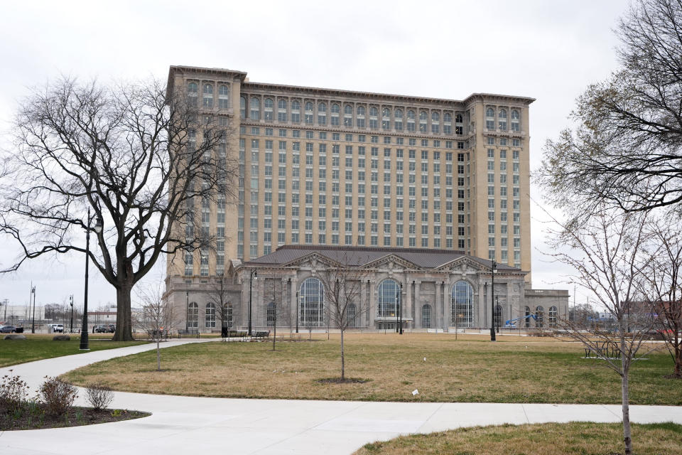 The Michigan Central Station is seen Monday, March 18, 2024, in Detroit. Bill Ford, executive chair of Ford Motor Co., and his wife Lisa Ford are raising $10 million to help ten Detroit nonprofit organizations that serve young people start endowments. Lisa Ford said the campaign comes alongside Ford's investment in the refurbishment of the long abandoned train station. (AP Photo/Carlos Osorio)