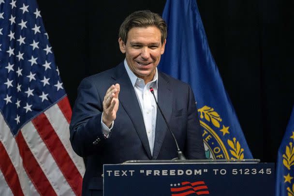 PHOTO: Republican presidential candidate Florida Gov. Ron DeSantis delivers remarks during his &#39;Our Great American Comeback&#39; Tour stop, on June 1, 2023, in Laconia, New Hampshire. (Scott Eisen/Getty Images)
