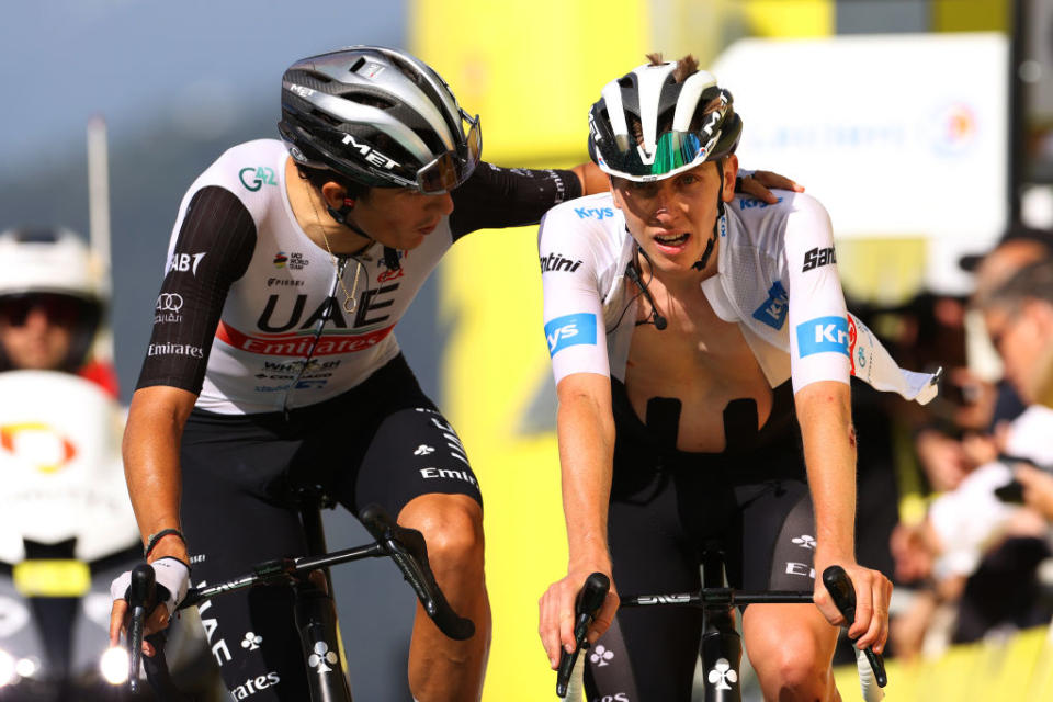 COURCHEVEL FRANCE  JULY 19 LR Marc Soler of Spain and Tadej Pogacar of Slovenia and UAE Team Emirates  White Best Young Rider Jersey cross the finish line during the stage seventeen of the 110th Tour de France 2023 a 1657km at stage from SaintGervais MontBlanc to Courchevel  UCIWT  on July 19 2023 in Courchevel France Photo by Michael SteeleGetty Images