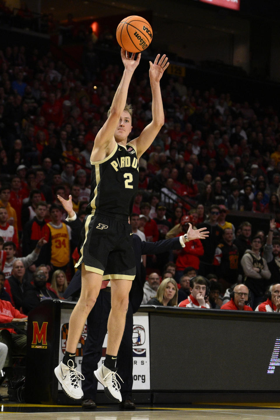 Purdue guard Fletcher Loyer (2) shoots during the first half of the team's NCAA college basketball game against Maryland, Tuesday, Jan. 2, 2024, in College Park, Md. (AP Photo/Nick Wass)