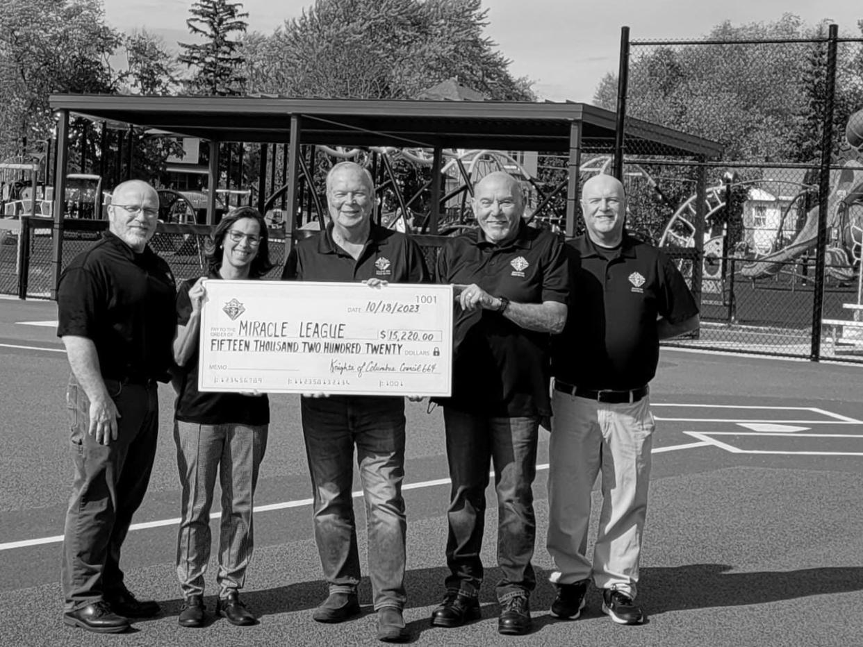 The Knights of Columbus Council 664 raised $15,220 to support Miracle League of FDL. Pictured are, from left, Mike Arnold and Kelli Hughes of Brook Industries, Tom Schmitz, Jerry Lauby and Evan Schwalbe, representing the Knights of Columbus.