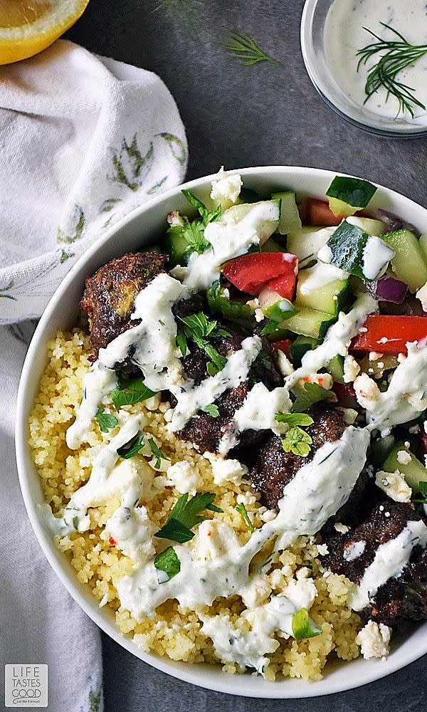 Greek Bowl With Meatballs Over Couscous