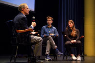 Breck School juniors Ainsley Kaufman and Graham Bailey interview Minnesota Secretary of State Steve Simon during a Q&A with members of Voterama, a student group focused on voter advocacy and awareness at Breck School in Golden Valley, Minn., Friday, Dec. 1, 2023. (AP Photo/Nicole Neri)