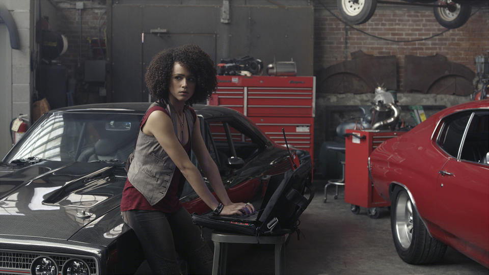 This image released by Universal Pictures shows Nathalie Emmanuel in "The Fate of the Furious." (Universal Pictures via AP)