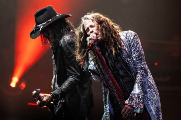 Joe Perry (left) and Steven Tyler of Aerosmith perform onstage at the Wells Fargo Center on Sept. 2, 2023, in Philadelphia. - Credit:  Lisa Lake/Getty Images