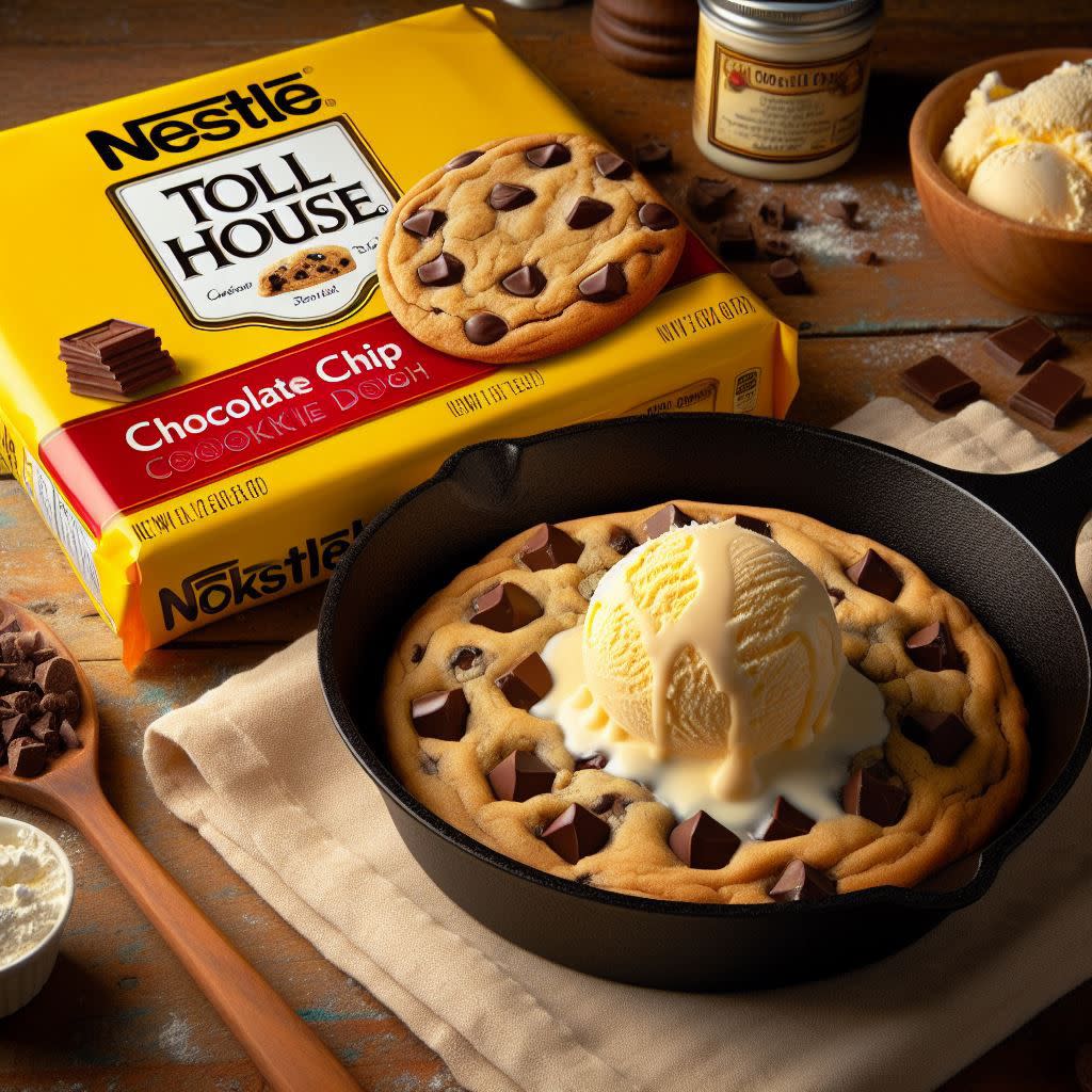 Nestle Toll House cookie dough package and skillet cookie AI image