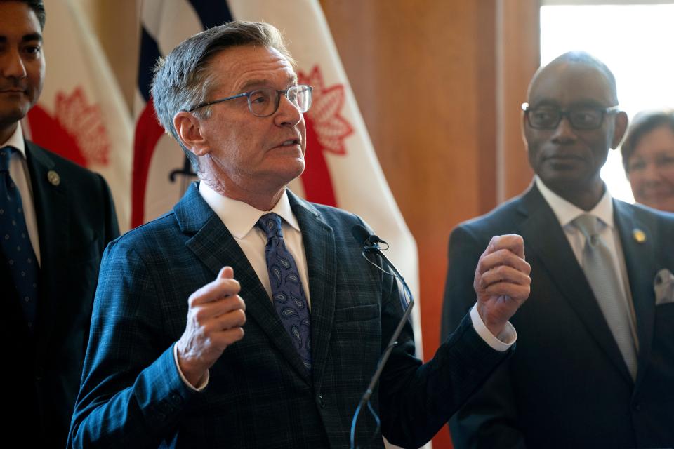 Charles J. Luken, former Cincinnati mayor, speaks during a press conference announcing a proposed sale of Cincinnati Southern Railway to Norfolk Southern Corp. at Union Terminal on Monday, Nov. 21, 2022. Currently, Cincinnati receives $25 million a year from leasing the railroad to Norfolk Southern.