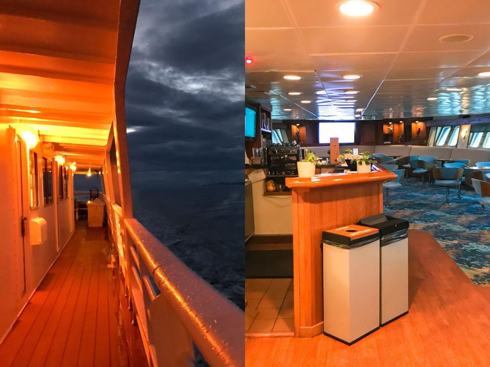 The main lounge and top deck onboard the ship.