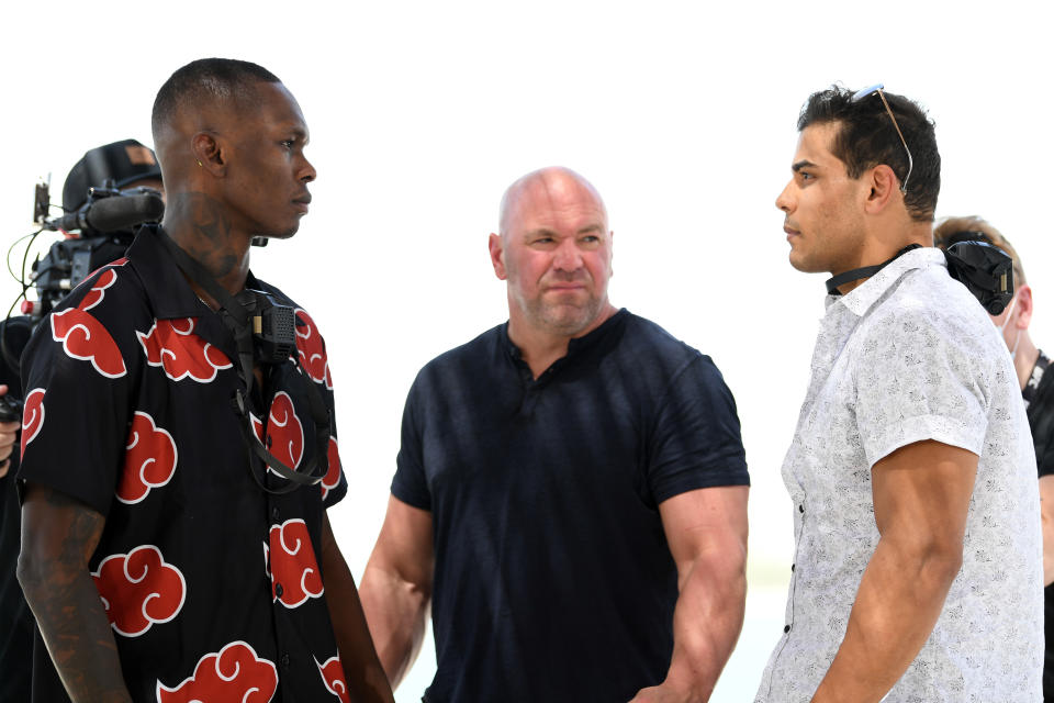 ABU DHABI, UNITED ARAB EMIRATES - SEPTEMBER 24: (L-R) Opponents Israel Adesanya of Nigeria and Paulo Costa of Brazil face off during the UFC 253 Press Conference on September 24, 2020 at Yas Beach on UFC Fight Island, Abu Dhabi, United Arab Emirates. (Photo by Josh Hedges/Zuffa LLC)