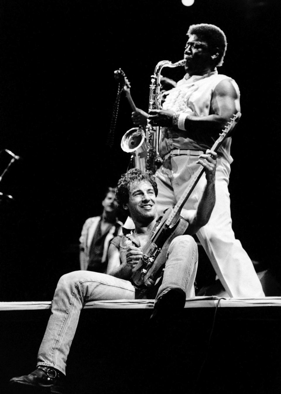 FILE - Bruce Springsteen performs with sax player Clarence Clemons in Los Angeles Sept 28, 1985. Springsteen's latest album, "Letter To You" will be released on Oct. 23. (AP Photo/Lennox Mclendon, File)