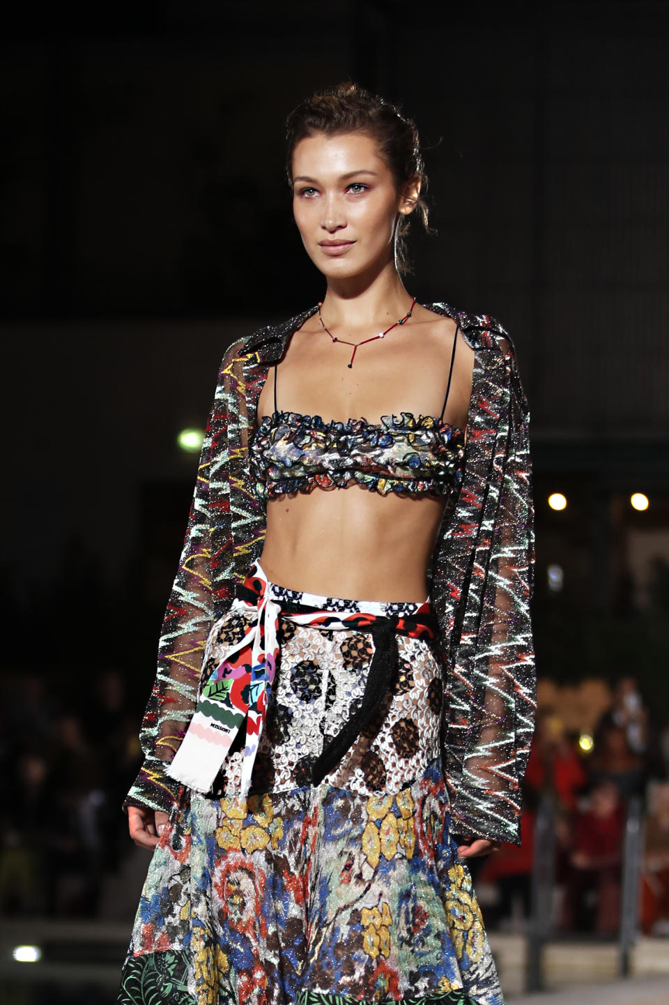 Model Bella Hadid wears a creation as part of the Missoni Spring-Summer 2020 collection, unveiled during the fashion week, in Milan, Italy, Saturday, Sept. 21, 2019. (AP Photo/Antonio Calanni)