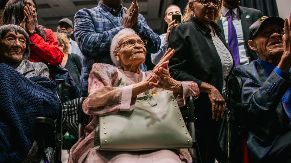 (From left to right) Lessie Benningfield Randle, Viola Fletcher, and Hughes Van Ellis sing together at a rally during commemorations of the 100th-year mark since the massacre on June 1, 2021 in Tulsa. - Brandon Bell/Getty Images/File