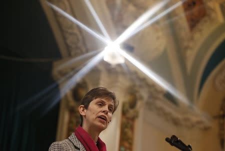 Libby Lane, a suffragan (Assistant) bishop in the Diocese of Chester, speaks after her forthcoming appointment as the new Bishop of Stockport was announced in the Town Hall in Stockport, northern England December 17, 2014. REUTERS/Phil Noble