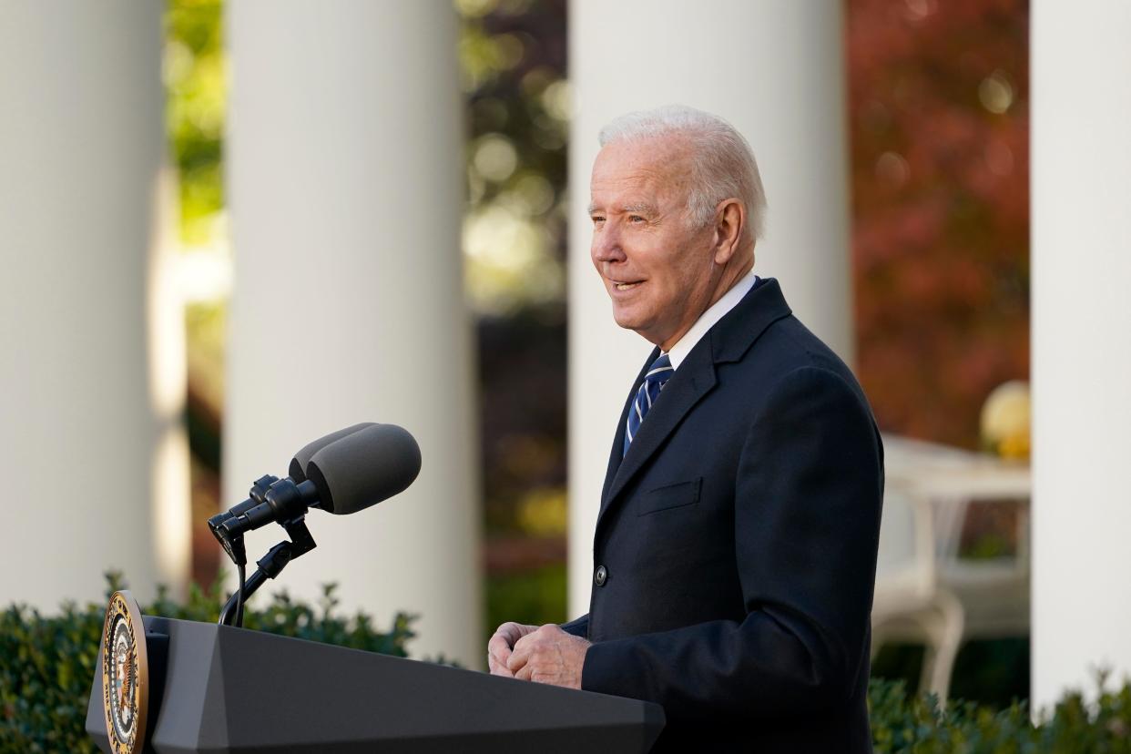 President Joe Biden speaks during a ceremony in the Rose Garden of the White House in Washington, D.C., on Nov. 19.