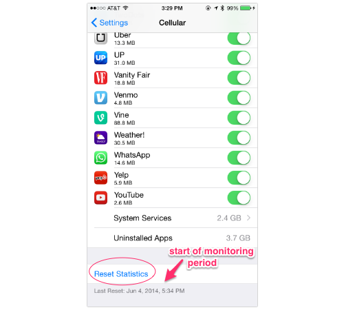 iPhone Cellular settings screen
