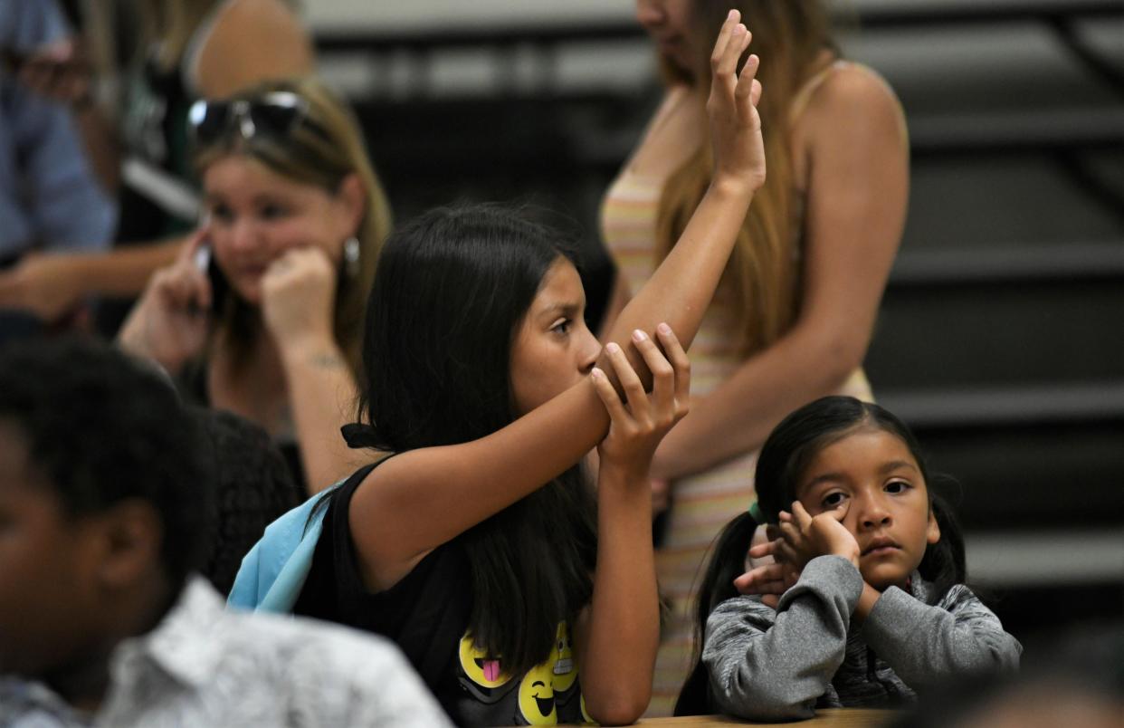 Veva Blunt Elementary School students wait to be dismissed for class on the first day back to school.