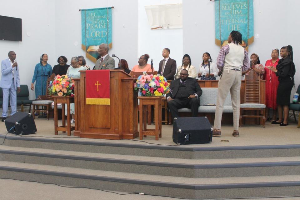 The Williams Temple Church of God In Christ Choir sing during a worship service on Sunday at DaySpring Baptist Church celebrating the 15th pastoral anniversary of the Rev. Dr. Marie Herring as pastor of DaySpring.
(Photo: Photo by Voleer Thomas/For The Guardian)