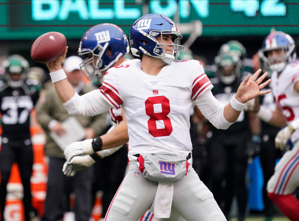 New York Giants quarterback Daniel Jones (8) has had an up-and-down rookie season. (Robert Deutsch-USA TODAY Sports/Getty Images)