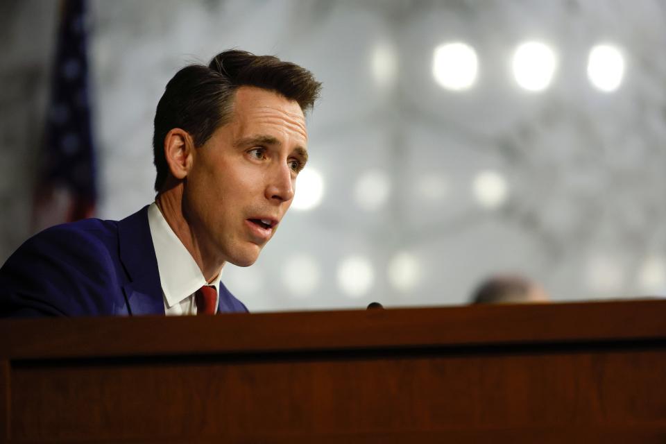WASHINGTON, DC - MARCH 22: Sen. Josh Hawley (R-MO) questions U.S. Supreme Court nominee Judge Ketanji Brown Jackson during her Senate Judiciary Committee confirmation hearing in the Hart Senate Office Building on Capitol Hill, March 22, 2022 in Washington, DC.
