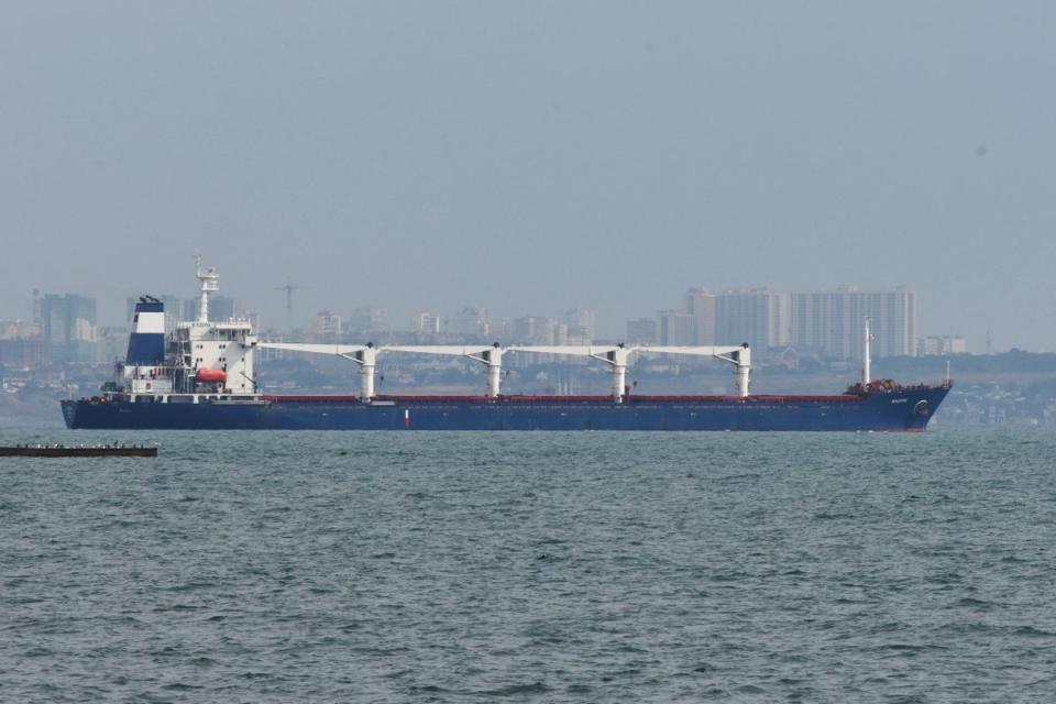 The bulk carrier Razoni starts its way from the port in Odesa, Ukraine, (AP)