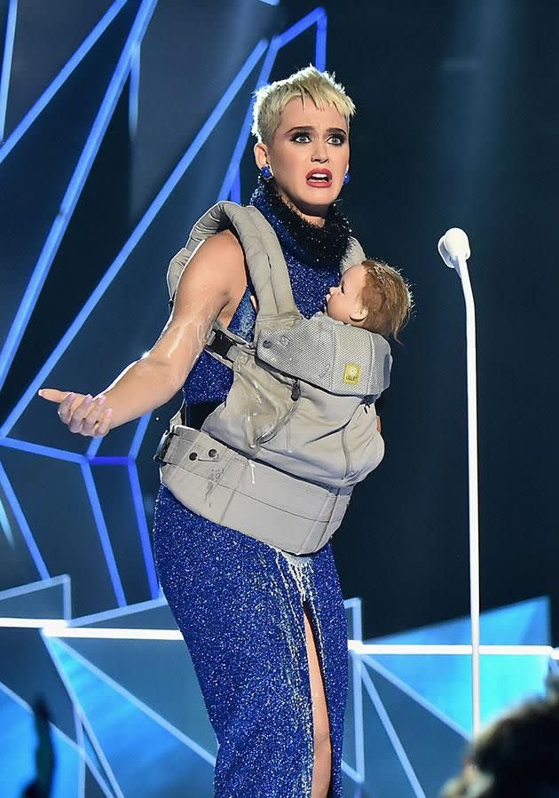 Katy and her social media baby hit the stage. Source: Getty