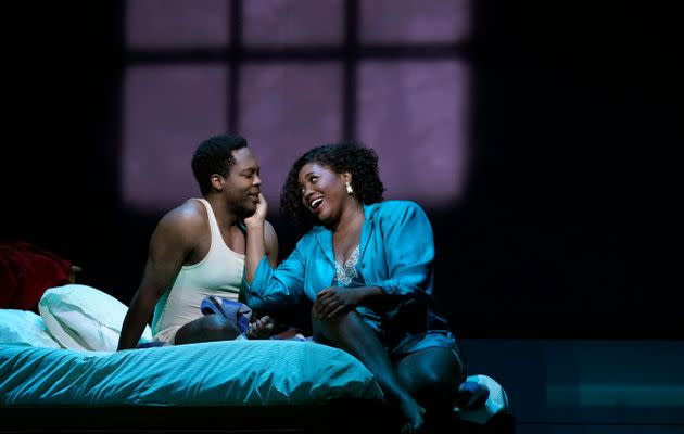 Actors Angel Blue and Will Liverman perform a scene during a rehearsal for Terence Blanchard's 