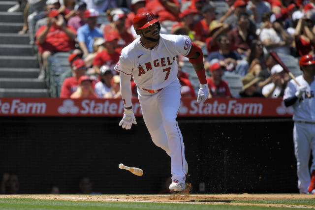 Los Angeles Angels' Jo Adell (7) bats against the Cleveland