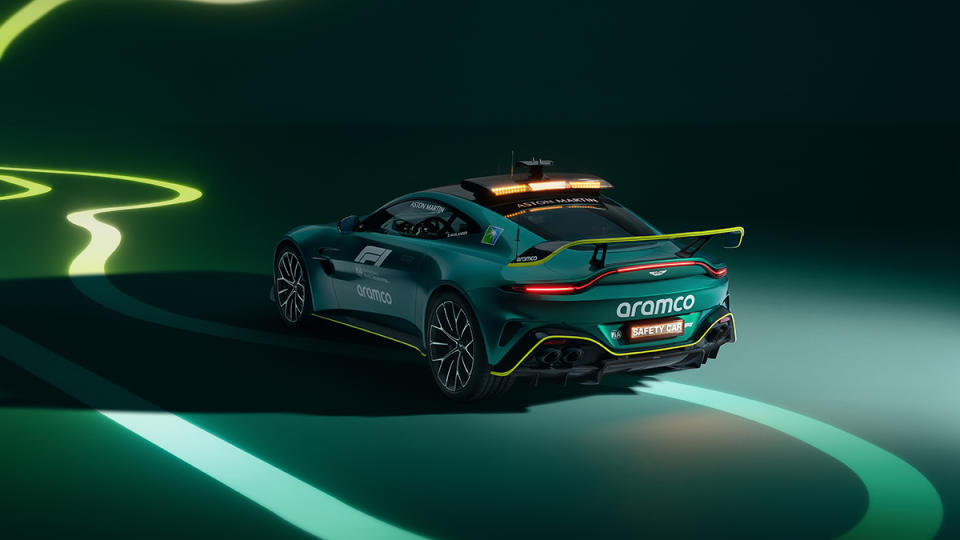 A rear 3/4 view of the 2024 Aston Martin Vantage Safety Car