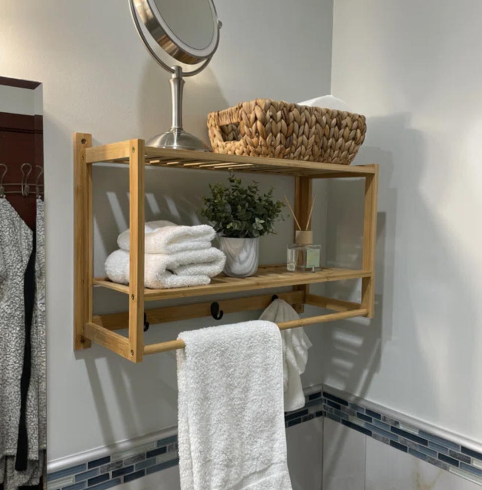 A reviewer's bamboo bathroom shelf