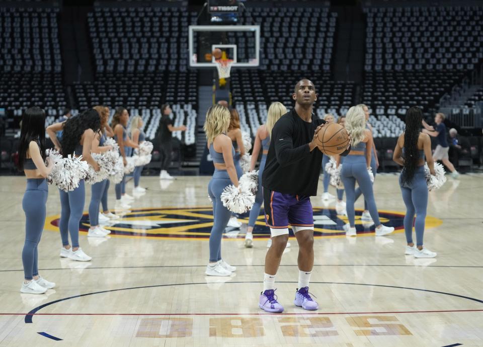 Phoenix Suns guard Chris Paul works out before the Western Conference semifinals against the Denver Nuggets at Ball Arena in Denver on May 9, 2023.