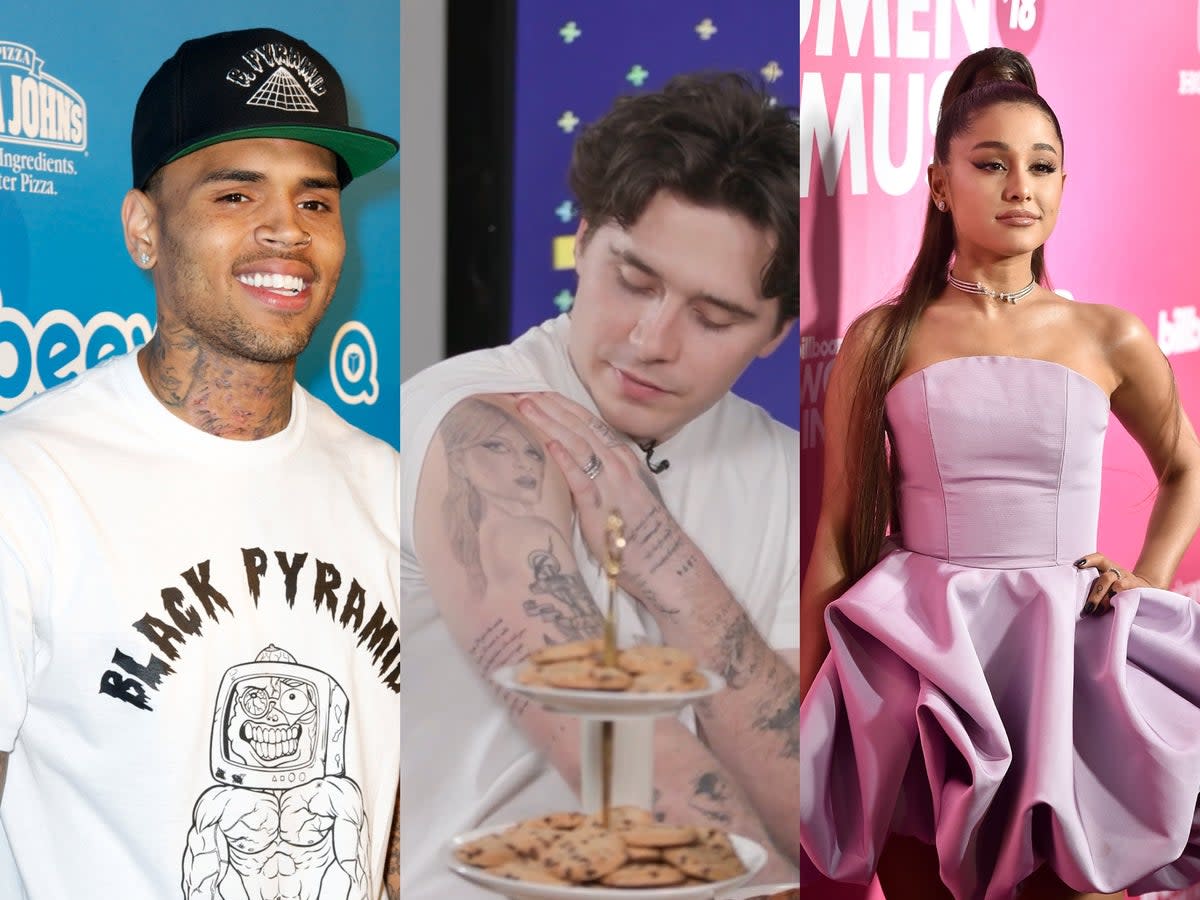 From left to right: Chris Brown, Brooklyn Beckham and Ariana Grande (Getty/E! News/The Rundown)