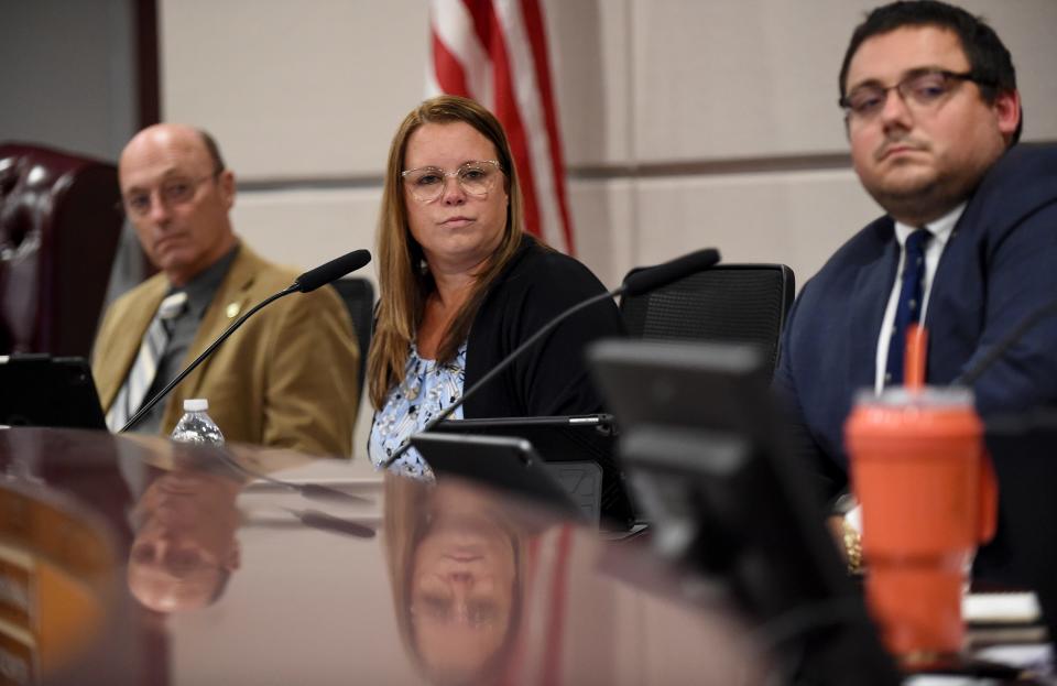 Port St. Lucie Mayor Shannon Martin (center) along with Councilman Dave Pickett (left) and Coundilman Anthony Bonna are seen during a Port St. Lucie City Council meeting with on Monday, July 25, 2022, in the council chambers Port St. Lucie.  