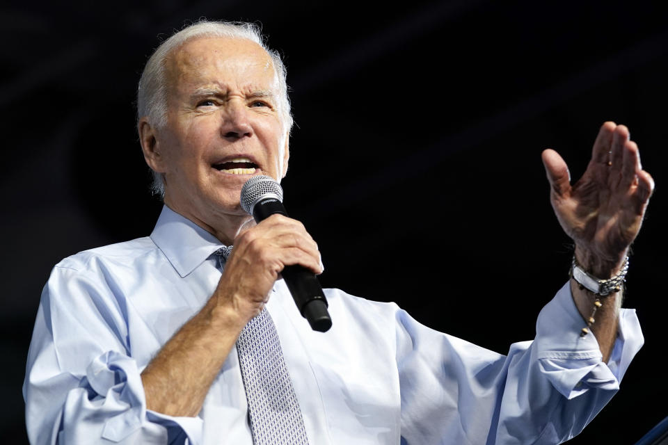 President Joe Biden speaks at a campaign event for Maryland Democratic gubernatorial candidate Wes Moore and others at Bowie State University in Bowie, Md., Monday, Nov. 7, 2022. (AP Photo/Susan Walsh)