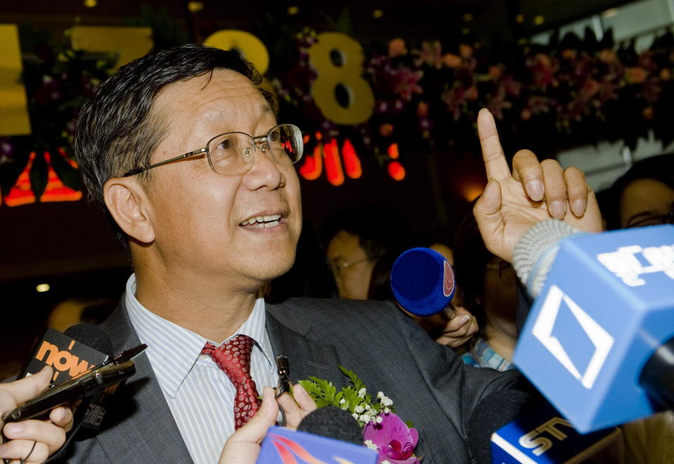 Tang Shuangning, then chairman of China Everbright Group and Everbright Securities Co., talks to the press after the IPO for Everbright Securities at Shanghai Stock Exchange in Shanghai, China on Aug. 18, 2009. The former chairman of state-owned Chinese bank China Everbright Group has been arrested on suspicion of embezzlement and bribery, prosecutors said in a statement Monday, Jan. 15, 2024, amid an intensified campaign against corruption. (Chinatopix via AP)