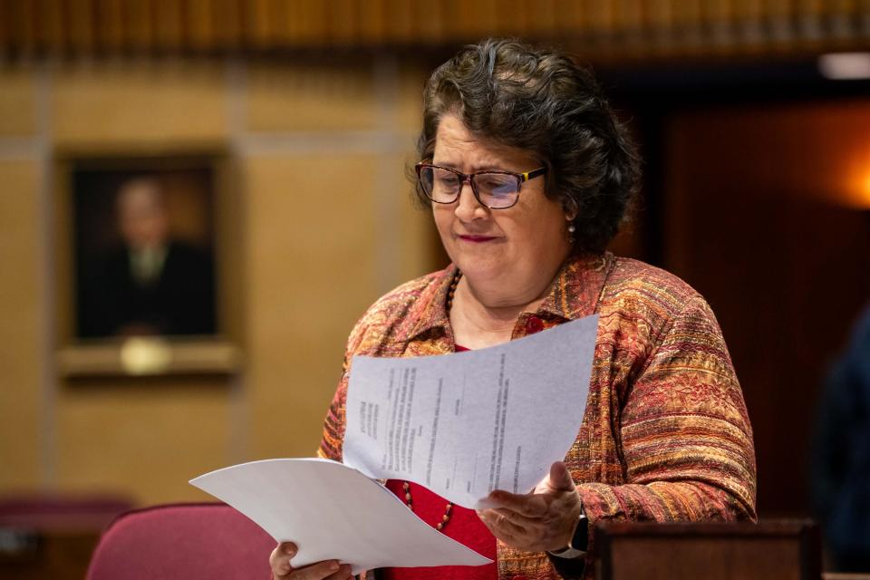 Arizona Senate Minority Leader Mitzi Epstein on the Arizona Senate floor Jan. 23, 2024. After a Republican-sponsored bill was introduced that would make it a felony for public school teachers, but not private school teachers, to show or refer students to "sexually explicit" material, Epstein proposed an amendment, which was ultimately rejected, that would have made private school teachers just as liable as public school teachers.