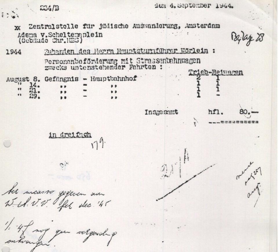 An invoice from Amsterdam's tram company, GVB, to the Gestapo