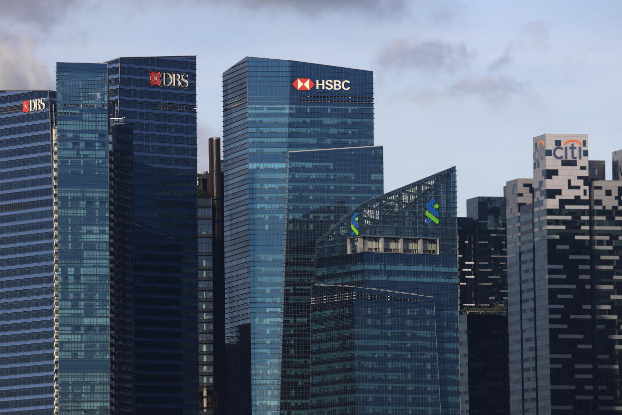 (L-R) The DBS Bank Ltd. , HSBC Holdings Plc, the Standard Chartered Plc and the Citigroup Inc. logos are displayed atop of a building in the central business district (CBD)  on May 3, 2023 in Singapore.
 (Photo by Suhaimi Abdullah/NurPhoto via Getty Images)