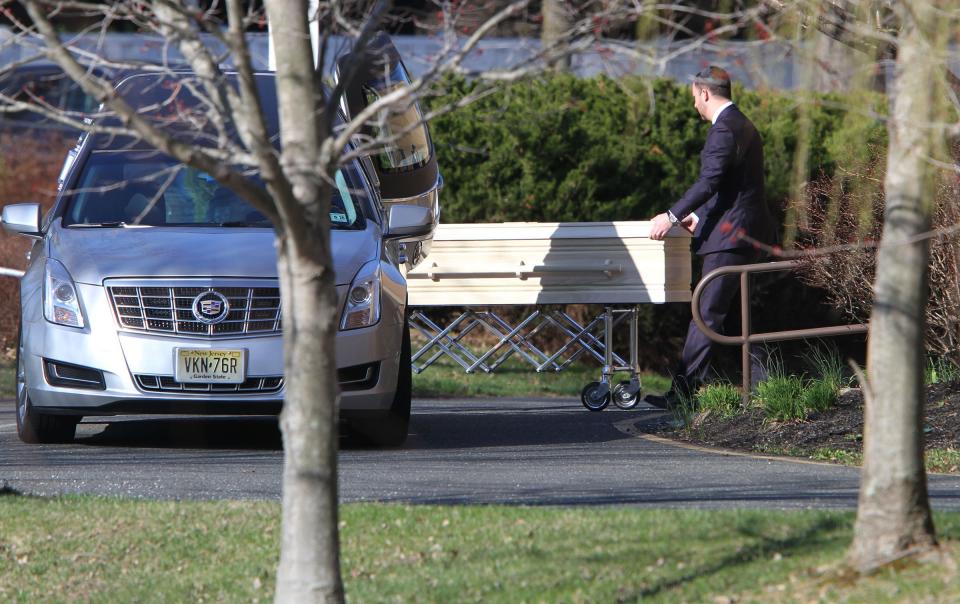 A casket is wheeled into the Congregation Beth Chaim in Princeton Junction, NJ, Wednesday, April 3, 2019, where funeral services are scheduled for Samantha Josephson.  Josephson, 21, a senior at the University of South Carolina, was killed after she got into a car she thought was her Uber.