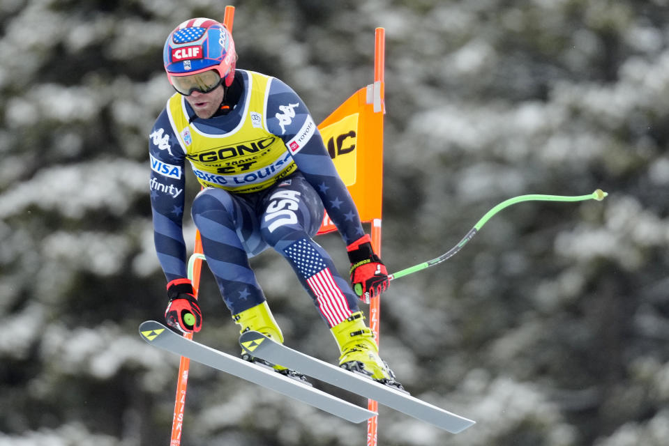 Steven Nyman, of the United States, skis down the hill during the men's downhill ski race at the FIS Alpine Skiing World Cup in Lake Louise, Alberta, Saturday, Nov. 26, 2022. (Frank Gunn/The Canadian Press via AP)