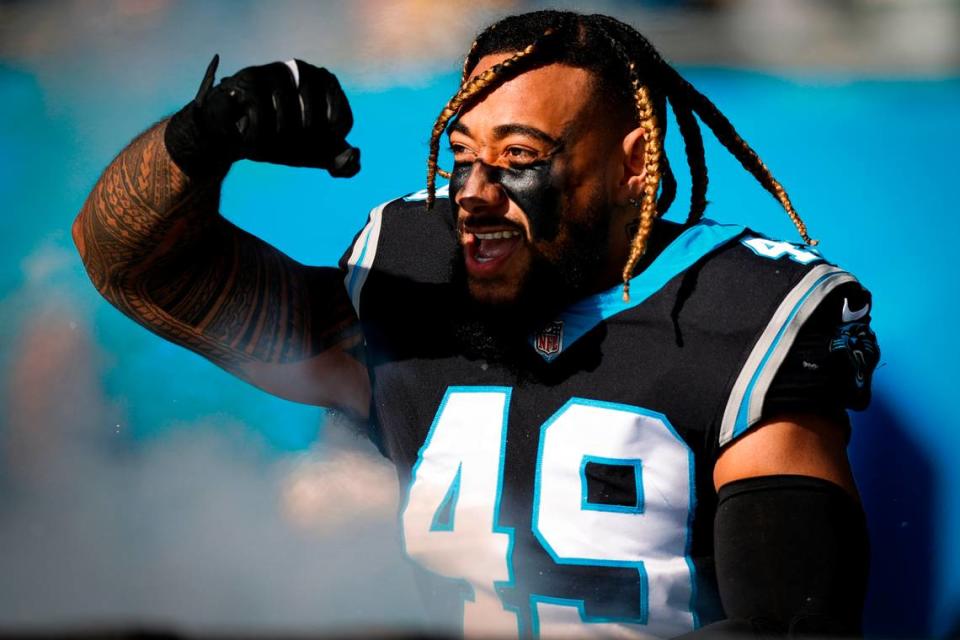 Carolina Panthers linebacker Frankie Luvu (49) takes the field during a game against the Pittsburgh Steelers at Bank of America Stadium in Charlotte in 2022.